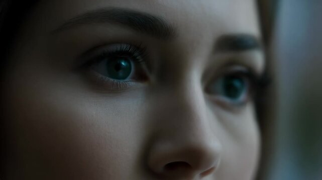 Closeup shot of woman opening her eyes and focusing her sight in a quiet room during the day with natural light illuminating her face