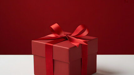 Obraz premium Red gift box with satin ribbon and bow festive surprise for holidays and celebrations isolated on a plain background.