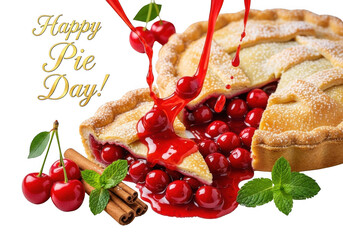 Cherry pie with sauce and mint leaves isolated on transparent background