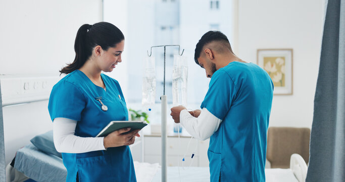 People, tablet or iv drip in hospital for healthcare, hydration treatment or medicine infusion for wellness. Set up, tech or nurses with medical equipment for patient care, antibiotics or fluid line