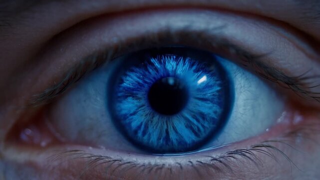 Extreme closeup shows details of blue eye with changing pattern of iris and pupil during active observation