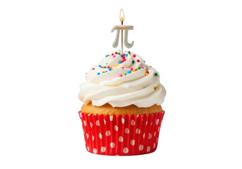 Cupcake with pi candle and sprinkles isolated on transparent background