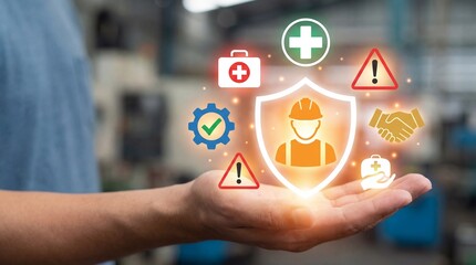 Workplace safety protection concept with health icons on hand