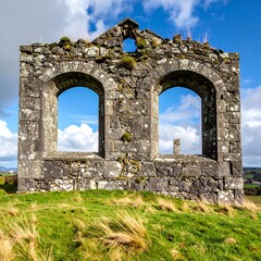 Stone ruins with arched openings against a cloudy sky