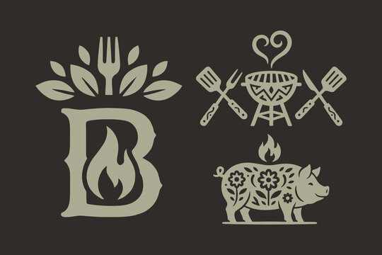 Rustic BBQ and Grill Icons Set for Restaurant Branding