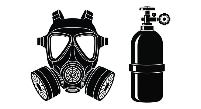Detailed illustration of a gas mask and oxygen tank ideal for various design projects on transparent background silhouette high quality professional