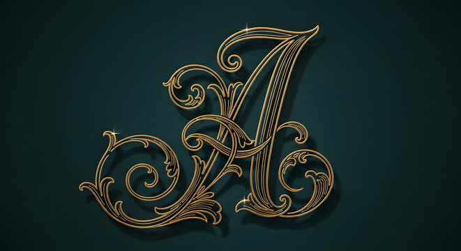 An elegant gold ornate letter A with intricate swirls on a dark green background