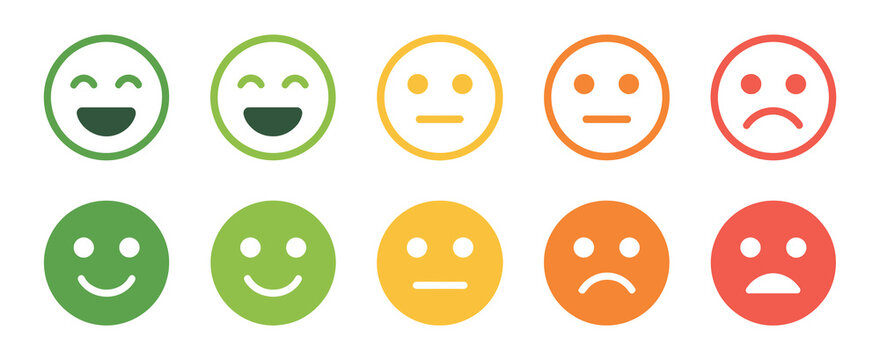 Feedback Emoticons face icon set, happy and sad reactions, good and bad review emojis, mood faces for survey, rating icons, vector illustration.
