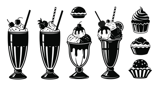 A collection of black silhouette desserts including milkshakes ice cream and cupcakes on transparent background high quality professional detailed modern elegant
