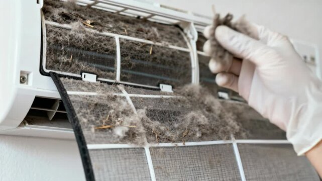 Maintenance worker removes an enormous clump of collected dust and debris from a filthy, clogged AC unit filter.
