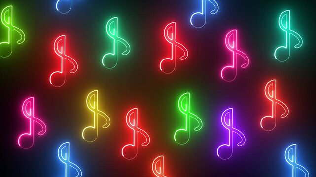 Glowing neon line music icon animation on black background. Neon sing song color music icon.