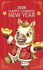 2026 Chinese New Year Greeting Card - Kawaii Zodiac Horse Mascot Holding Gold Sycee on Red Background