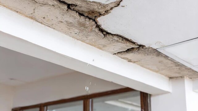 Water dripping from a large crack in a severely damaged, wet concrete ceiling beam, indicating a major leak.