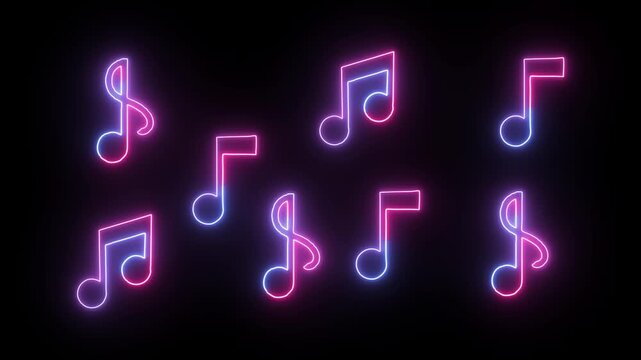 Glowing neon line music icon animation on black background. Neon sing song pink and blue color music icon.
