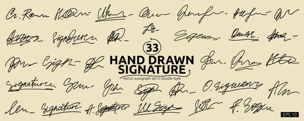 Sketch Fake Signature Set. Fake Signature Autograph Sign Sample Kit. Random Hand Name Handwritten Autograph Collection. Vector Line Illustration Clipart Graphic Elements