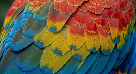 Obraz premium Vibrant parrot feathers display colorful plumage with red yellow blue and green hues in close up view
