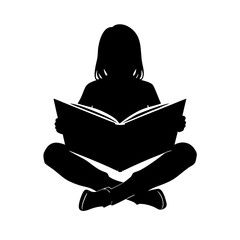 Minimalist Girl Reading Book Silhouette Vector - Sitting Cross-Legged Student Icon