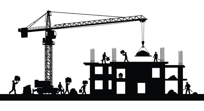 A black silhouette of a construction site with a crane workers and building structure on transparent background high quality professional detailed