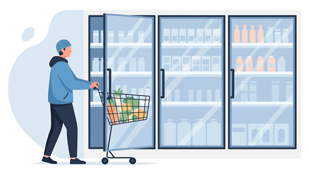 Person pushing shopping cart in front of refrigerated display cases.