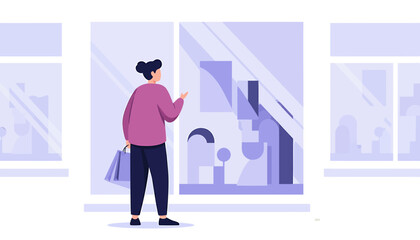 Woman looking at a store window display illustration.
