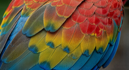 Obraz premium Vibrant colorful parrot wing feathers macro close up showcasing red yellow blue and green plumage texture