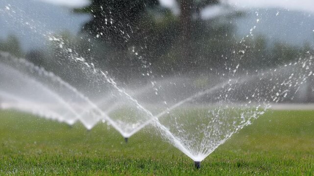Automated irrigation system watering a lush green field with powerful water streams and misting spray.