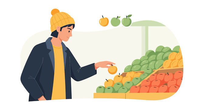 Young person selecting fresh apples from a market stall display.