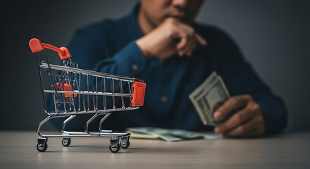 A man is thoughtfully looking at a miniature shopping cart and holding cash, contemplating his spending decisions and budget.