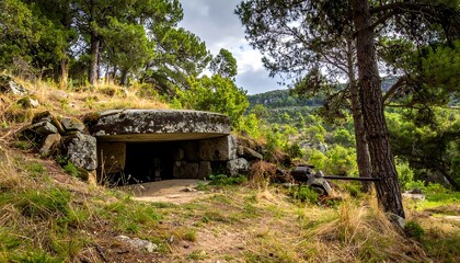Stone bunker entrance nestled in a verdant, hilly landscape
