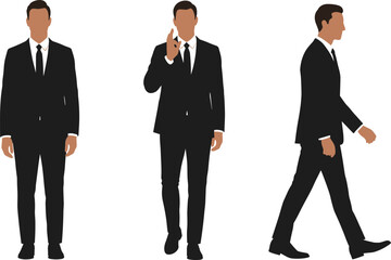 Businessman in black suit, walking, standing, showing hand gesture, professional male character, formal outfit, office attire, front and side view illustration vector