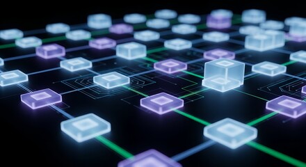 Computer circuit with glowing cubes and green lines top circuit is black.