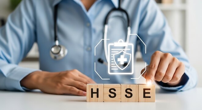 A healthcare professional's hands near wooden blocks spelling HSSE, with a digital icon representing health and safety documentation.