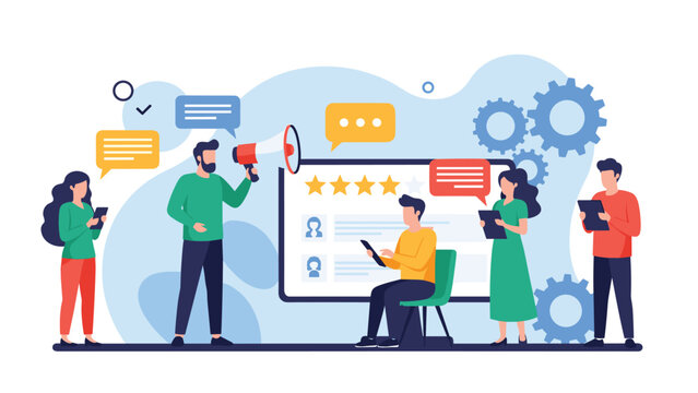 Public relations and customer feedback concept showing a team using megaphones and clipboards to gather online reviews and ratings from people.