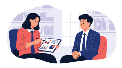 A female financial advisor or consultant presenting charts and graphs on a tablet to a male client during a professional business meeting in an office.