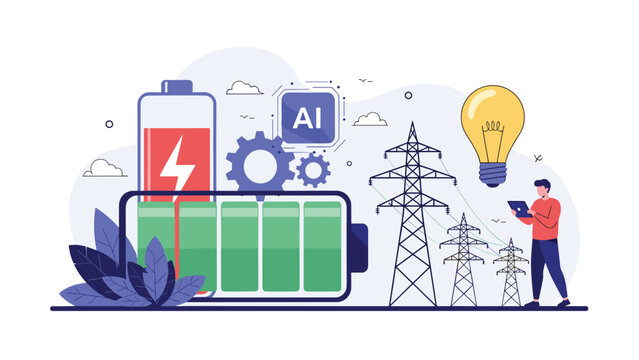 Smart grid and renewable energy concept showing a man using a tablet to manage power from batteries and AI, distributing it through transmission towers.