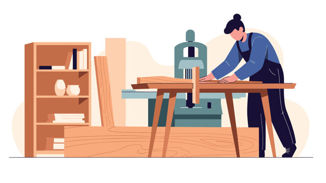 A female carpenter in overalls working with a table saw in her workshop, surrounded by wooden planks and a bookshelf, illustrating craftsmanship.