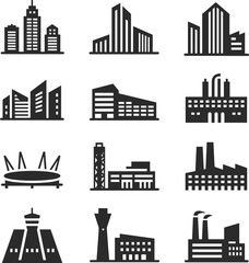 Obraz premium City buildings, factory icons, skyscrapers, industrial facilities, airport control towers, vector illustration of urban architecture, black silhouette infrastructure symbols