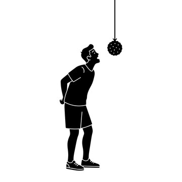 Minimalist black silhouette vector of a man attempting to eat a hanging object, depicting a fun traditional party game or competition.