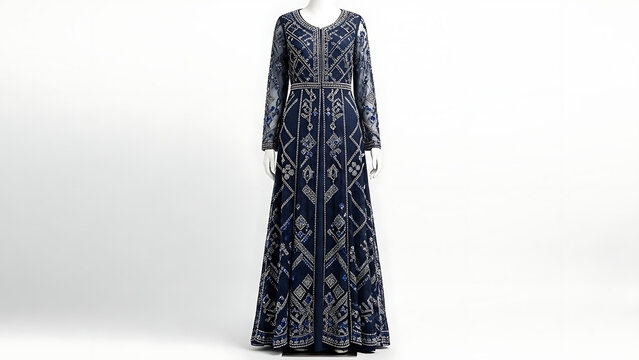 Elegant Navy Blue Indian Pakistani Embroidered Anarkali Gown for Festive Weddings and Formal Occasions, Heavily Embellished Long Maxi Dress with Silver Geometric and Floral Zari Work on Studio Mannequ