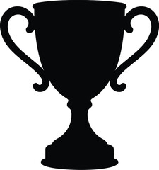 Minimal vector silhouette, classic trophy cup with side handles and a round base, solid black, isolated on white.