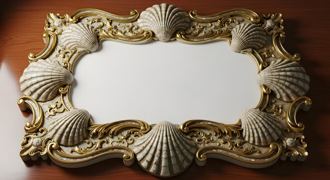 An ornate decorative picture frame featuring large white scallop shells and gold filigree accents on a wooden surface