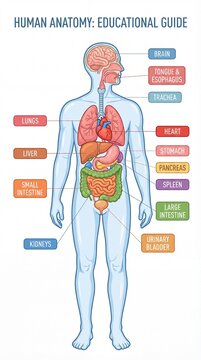Human Anatomy Educational Diagram Showcasing Major Organs and Their Functions in the Body