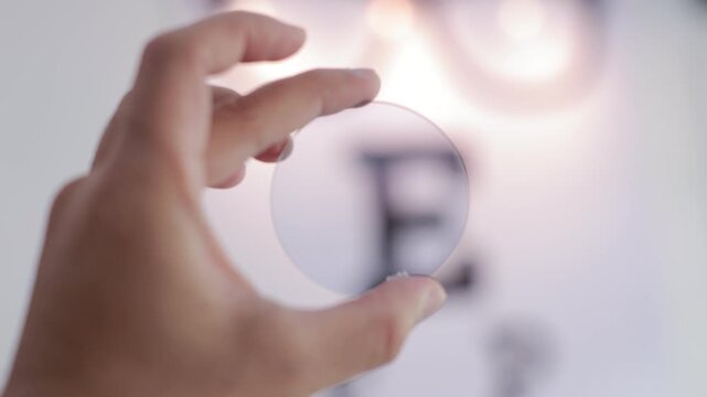 An ophthalmologist's hand is holding a lens in an optician's shop.