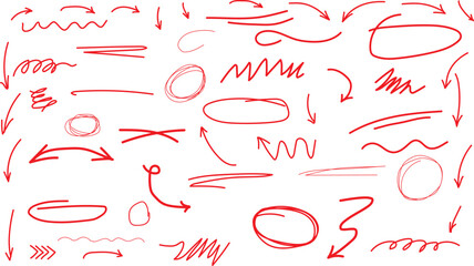 Black pencil hand drawn various oval, chalked arrows, check marks. Collection of hand-drawn red doodle arrows, circles, underlines, and wavy lines to highlight information