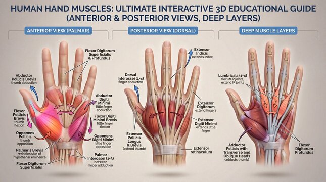 Detailed Educational Guide to Human Hand Muscles with Anterior and Posterior Views