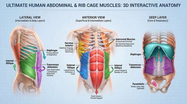 Detailed Illustration of Human Abdominal and Rib Cage Muscles Anatomy with Layers and Functions