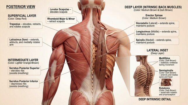Detailed Anatomy Posterior View of Human Muscles and Back Layer Structure for Educational Use