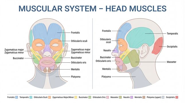 Detailed Diagram of Human Head Muscles and Muscular System Anatomy for Educational Use
