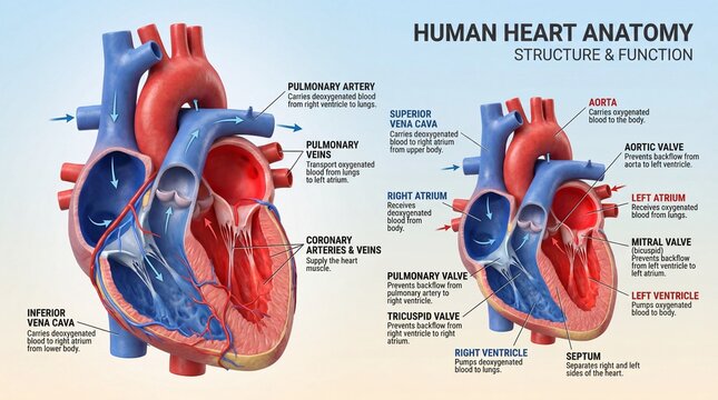 Detailed Illustration of Human Heart Anatomy with Structure and Function Labels