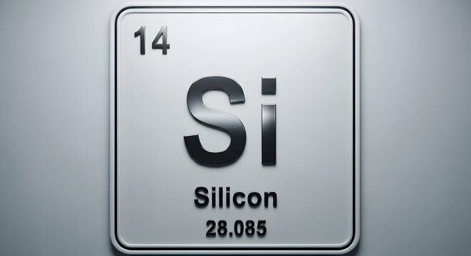 A periodic table element square showing the chemical symbol and atomic number for silicon